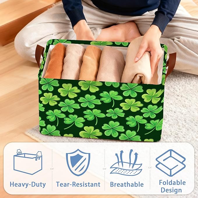 Lucky Clover Storage Basket with Handles,Patrick's day Collapsible Rectangle Organizer Bin for Room Decoration Books Box Baskets 17x11.5x10Inch