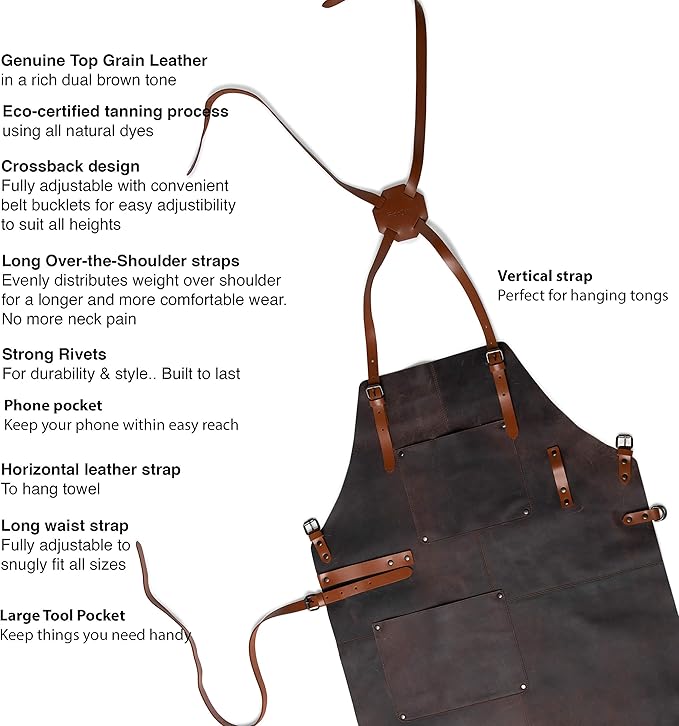 Theodore Premium Top Grain Leather Apron with Cross‑Back for Men & Women – 32.5″ × 24.5″ Heavy‑Duty BBQ, Cooking, Woodworking Apron with Two Large Tool Pockets
