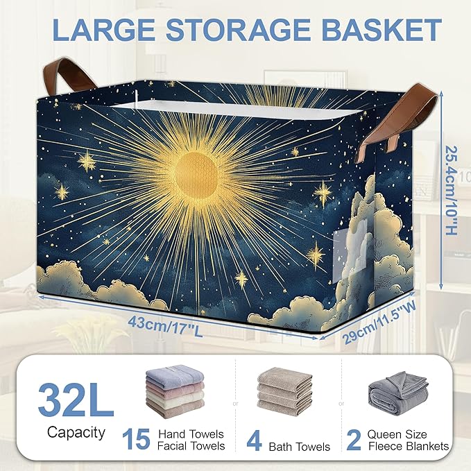 Sun Stars Storage Basket with Handles,Collapsible Rectangle Organizer Bin for Room Decoration Books Box Baskets 17x11.5x10Inch