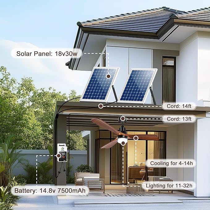 Solar Ceiling Fan 42" for Outside 3 Speeds, Outdoor Ceiling Fans with Light & Battery, Quiet Wood Walnut Fan with Adjustable Thermostat for Gazebo, Patios
