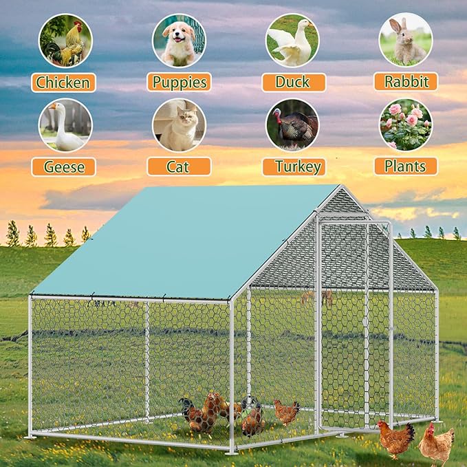 Vipbear Large Metal Chicken Coop Run with Immersed Wire Mesh, Chicken Coop for 4 Chickens Heavy Duty Chicken Run in for Yard with Waterproof Cover and Secure Lock,80'' L x 118''W x 77''H