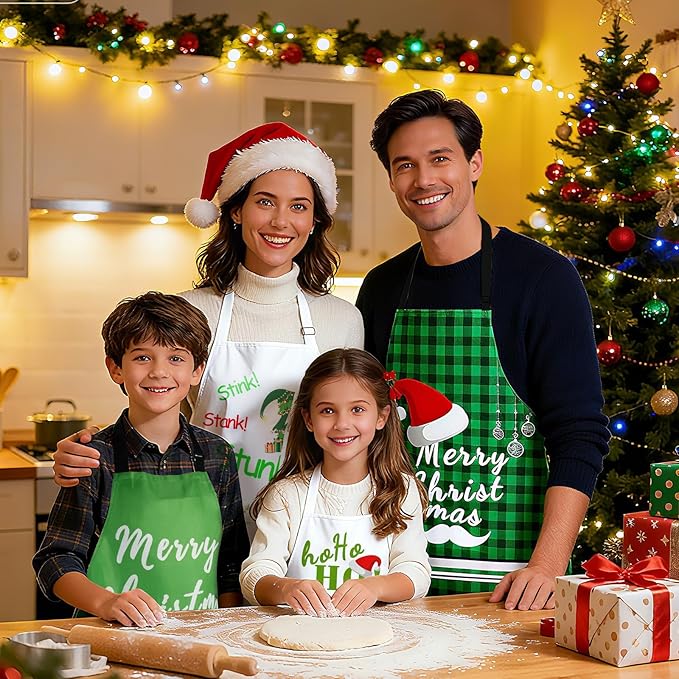 4Pcs Christmas Aprons Set - Adjustable Holiday Aprons with Christmas Tree, Stocking, Snowman for Family, Festive Kitchen Decor & Christmas Party Supplies