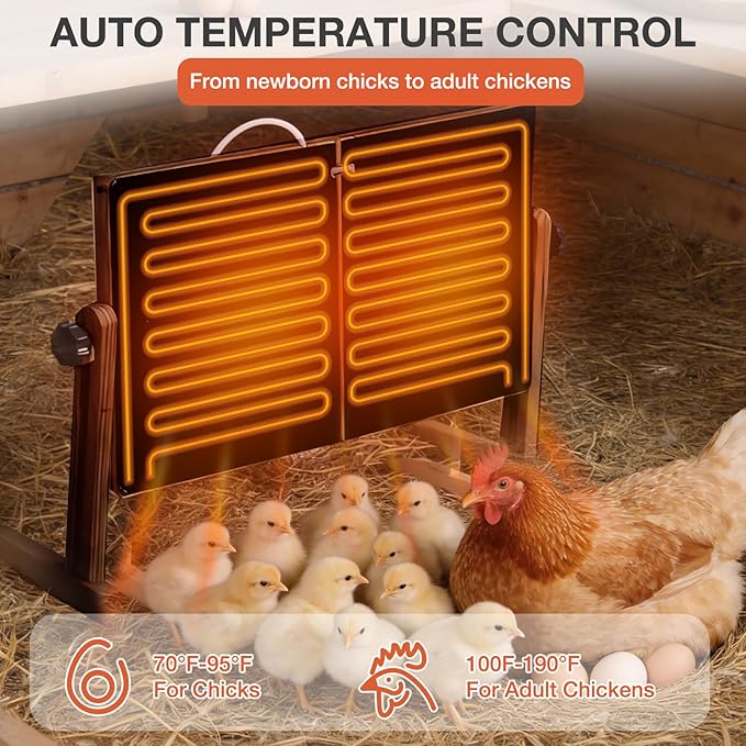 Chicken Coop Heater with Temperature Control, 200W Chick Heater with Adjustable Temp (70-190℉) for Winter, 2 Heating Plates, Foldable Large Size Coop Heater (Brown)