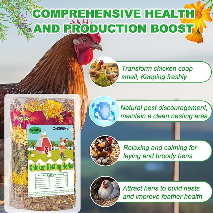 7 oz Chicken Nesting Herbs – 10 Natural Dried Blend, Lavender Rose Mint Mix, Helps Reduce Odors and Freshen Coop Naturally, Relaxing & Calming Herbs for Happy Hens