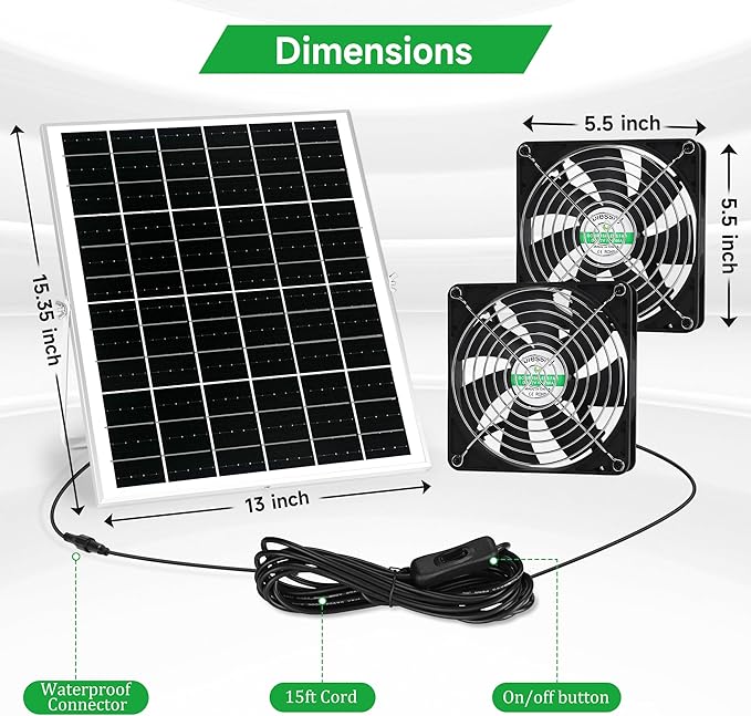 5.5" Solar 2 Fan Kit for Intake or Exhaust air, Weatherproofed Solar Powered Fans for Outside Chicken Coops, Greenhouses, Shed, Pet House Air Ventilation