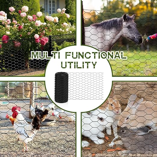 16 in x 196 ft Chicken Wire Fence Mesh Black Chicken Wire for Floral Arrangements PVC Coated Galvanized Fencing 20 Gauge Poultry Netting and 1 Inch Mesh Fence Roll for Home Garden