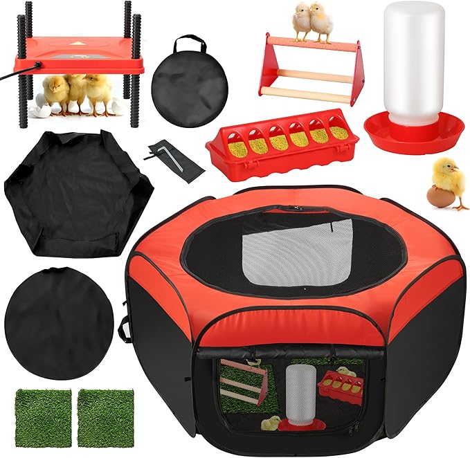 Upgrade Chick Starter Kit, 6-in-1 Chicken Brooder Box for Chicks Includes Pop-Up Chicken Playpen Tent,12 * 12" Heat Brooder Plate, Chicks Feeder, Waterer, Perch & Nesting Pad for Poultry Ducks Quail