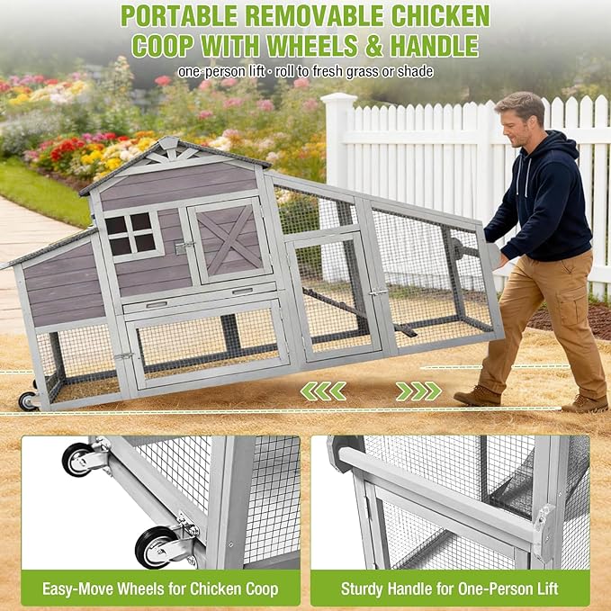 GUTINNEEN Chicken Coop with Wheels for 2-4 Chickens, Large Wooden Outdoor Hen House with Run, Waterproof & UV-Resistant Roof, Removable Leakproof Tray and Divided Nesting Box– Grey
