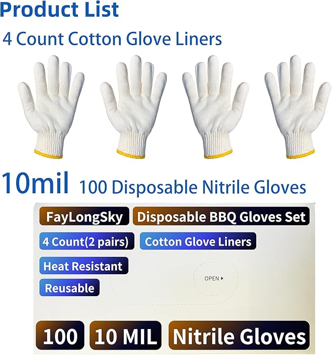 BBQ Gloves Disposable Heat Resistant - 4 Reusable Cotton Liners & 100 Nitrile Gloves for Barbecue Smoker, Grilling, Cooking Hot Meat, Food Prep - 10Mil, Non-Slip Grip, Black X-Large
