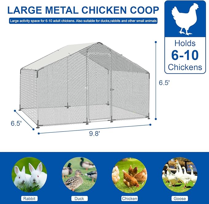 Large Metal Chicken Coop with Roof and Run for 6-10 Chickens, Walk-in Outdoor Chicken Runs for Yard with Waterproof Cover,Wire Mesh Poultry Cage as Hen House,Duck Coop,Rabbit Hutch