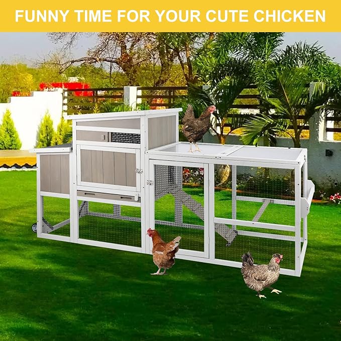 Portable Chicken Coop Wooden Hen House with Nesting Box,157.4" L Outdoor Chicken House with Wheels and Removable Tray,Fir Wood Chicken Tractor with 4 Ventilation Door and Ramp,Grey