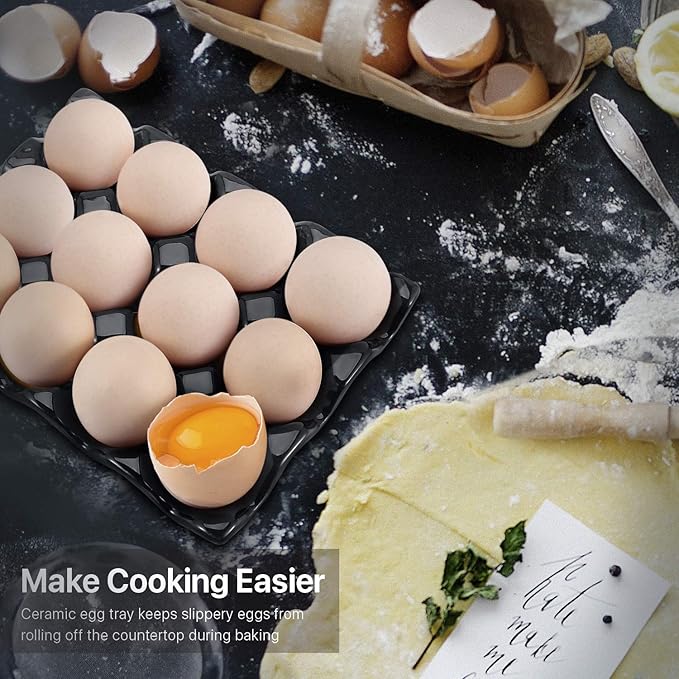 Flexzion 12 Cup Ceramic Egg Tray - Whole Dozen Porcelain Egg Holder Container Storage Organizer Decorative Serving Stand Serveware for Refrigerator Countertop
