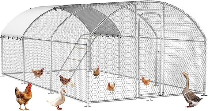 Large Metal Chicken Coop with Roosting Perch, Walk-in Poultry Cage Chicken Run House Chicken Pen Dome Shaped Coop with Waterproof Cover for Outdoor Backyard Farm Use (10' L x 19.7' W x 6.4' H)