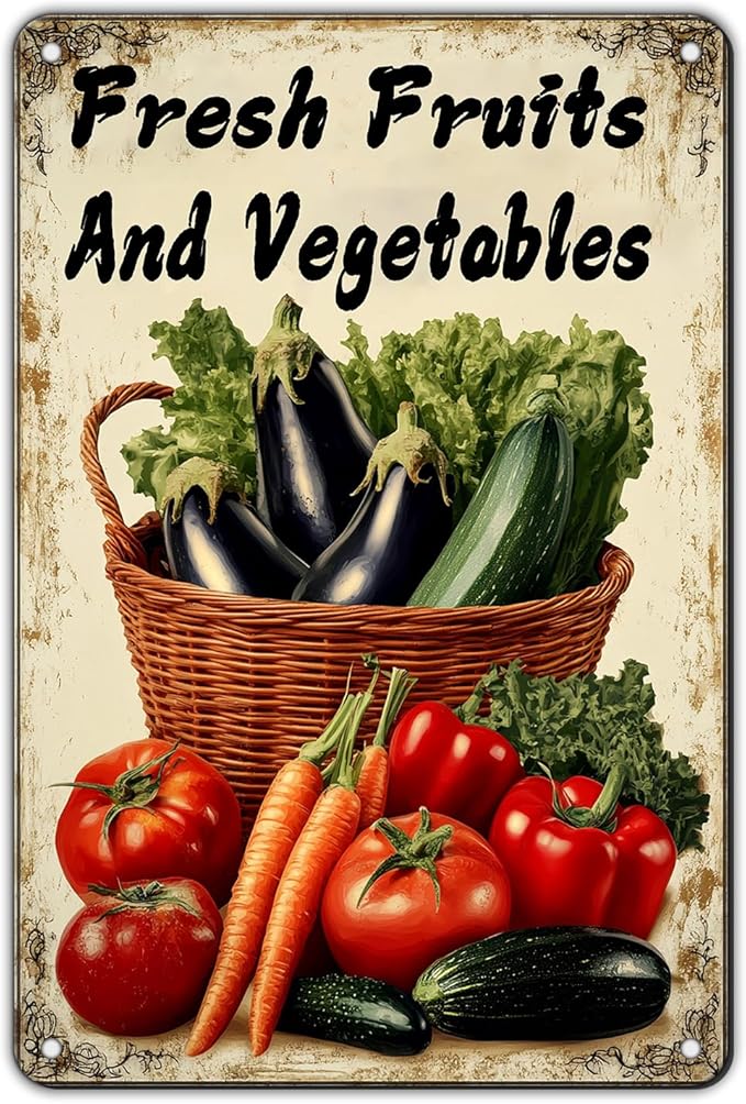 Vegetable Wall Decor Fresh Fruits And Vegetables Metal Tin Sign 12x8 Inch Funny Farmer's Market Tin Poster Retro Home Kitchen Garden Yard Restaurant Wall Decor