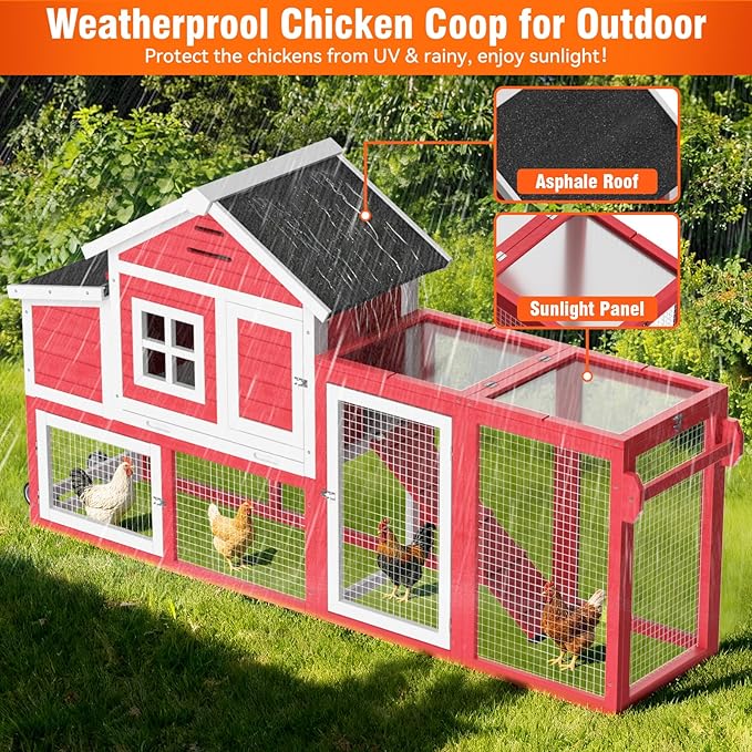 Chicken Coop for Outdoor, Mobile Poultry Cage with Wheels, Nesting Box, Weatherproof Roof and Leakproof Pull-on Tray for 4-6 Chickens, 78.7" L x 21.5" W x 43.7" H (Red)