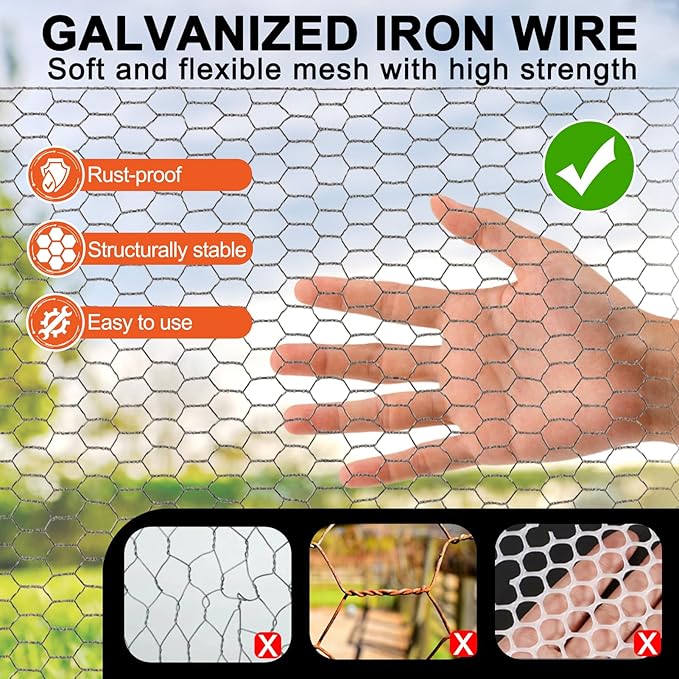 Chicken Wire Fencing Mesh, 15.3 x 177 Inches Metal Floral Wire Fence for Crafts Poultry Garden, Hexagonal Galvanized Hardware Cloth Netting for Chicken Coop Barrier Rabbit Cage