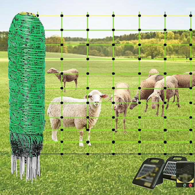 Electric Poultry Netting, Solar Powered Electric Fence, Portable Livestock Nets Mesh with 14 Posts Double Spiked, Electric Fencing for Backyards, Farms, Ranches, Gardens,108cmH