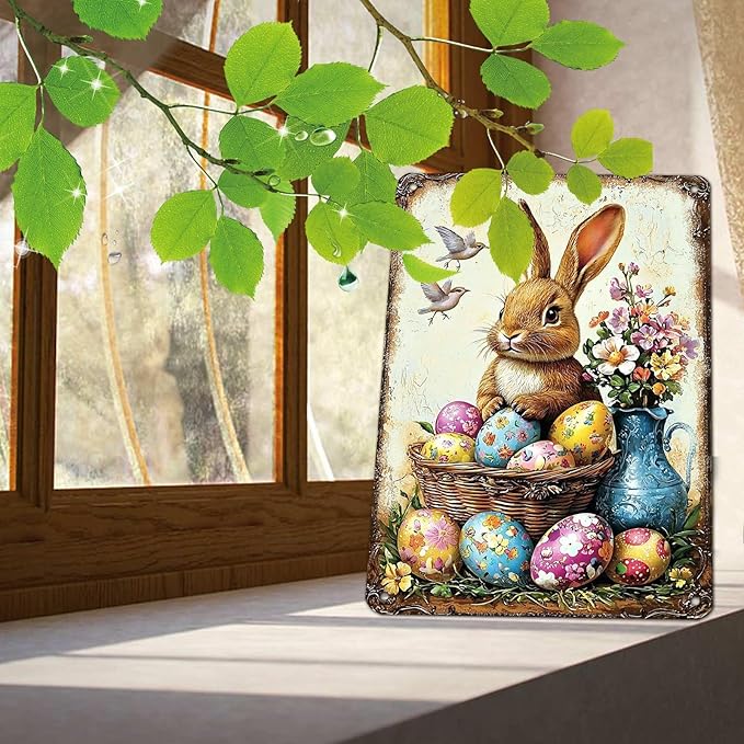 YoyaVex Easter Tin Sign Bunny Room Decor Vintage Metal Wall Art Sign for Home Apartment Wall Garden Bathroom 12X16Inch