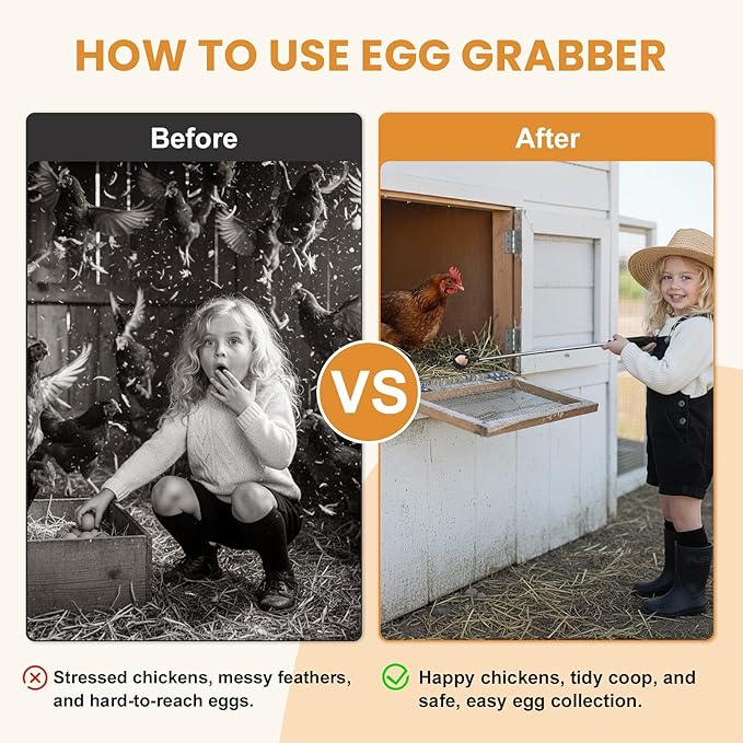 Egg Grabber for Chicken Eggs 15.7-76inch Extendable Stainless Steel Egg Picker Tool Long Grabber Reacher for Coop with Anti-Slip Handle Poultry Nest and Farm Use