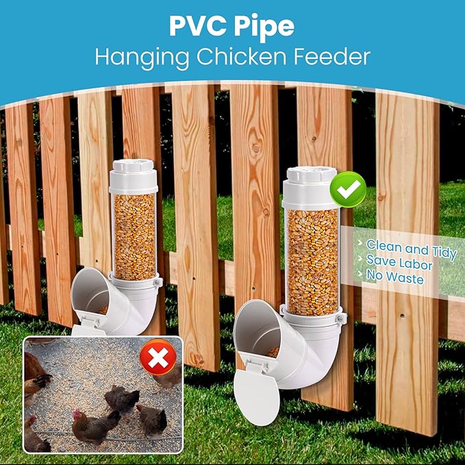 Automatic Chicken Feeder No Waste 6 Pounds Duty PVC Gravity Poultry Chicken Coop Feeder, Wall Mounted Visible Gravity Fed Poultry Feeder Tube with Rain Cover for Ducks Turkeys Geese Quails