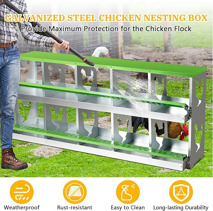 Chicken Nesting Box for Laying Eggs,Wall-Mountable Chicken Coop Nesting Boxes,10 Hole Roll Away Nesting Boxes,with Large Vented Holes,for Chickens,Ducks,Large Egg Laying Boxes (Green 10 Hole)