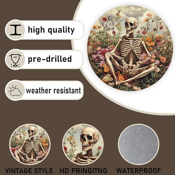 Funny Skull Rustic Round Garden Metal Signs Vintage Tin Sign Retro Wall Wreath Decor for Home Garden Yard Bar Cafe Farmhouse Garage Indoor Outdoor 8 Inch