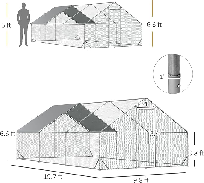 PawHut Large Chicken Coop Metal Chicken Run with Waterproof and Anti-UV Cover, Spire Shaped Walk in Fence Cage Hen House for Outdoor and Yard Farm Use, 1" Tube Diameter, 9.8' x 19.7' x 6.6'
