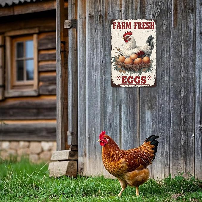 Funny Chicken Signs Farm Fresh Eggs Metal Sign Home Farm Art Wall Decor 12x8 Inch Vintage Chicken Coop Kitchen Garden Backyard Patio