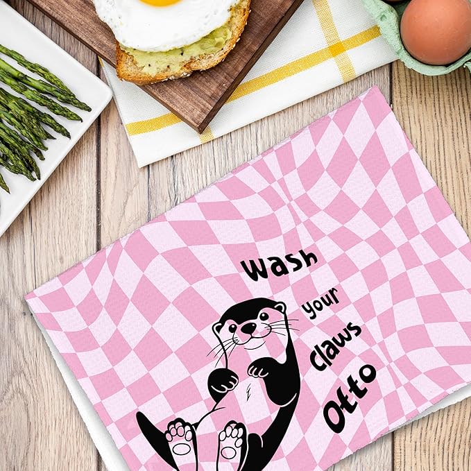 Cute Otter Pink Bathroom Kitchen Towels, Wash Your Claws Hand Towel for Girly Teens Room, Funny Gifts for Otter Lovers, Trendy Preppy Checkered Dish Towels Decor for Dorm Home 16x24in