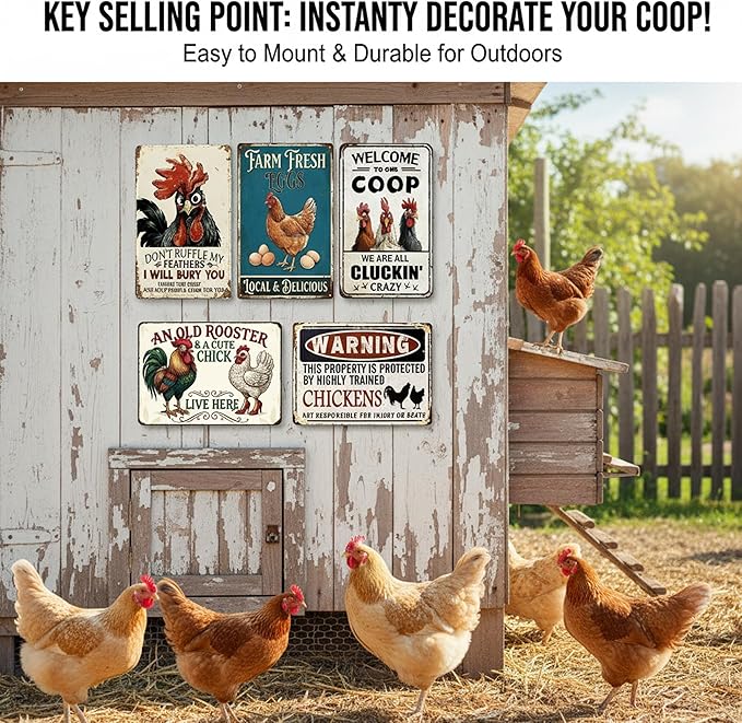 5Pack Vintage Metal Signs Chicken Coop Signs, Chicken Coop Accessories for Farm Yard Decor, Tin Sign Chicken Gifts for Home Kitchen Lovers Chicken House Decor - 8×12 inches