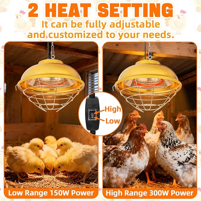 FHTONGE Waterproof Explosionproof Chicken Coop Heater Lamp 150W/300W Adjustable, Aluminum Chick Brooder Heating Light, Hanging Halogen Heated Lamp for Reptile Outdoor Rabbit Dog Cat Whelping Box