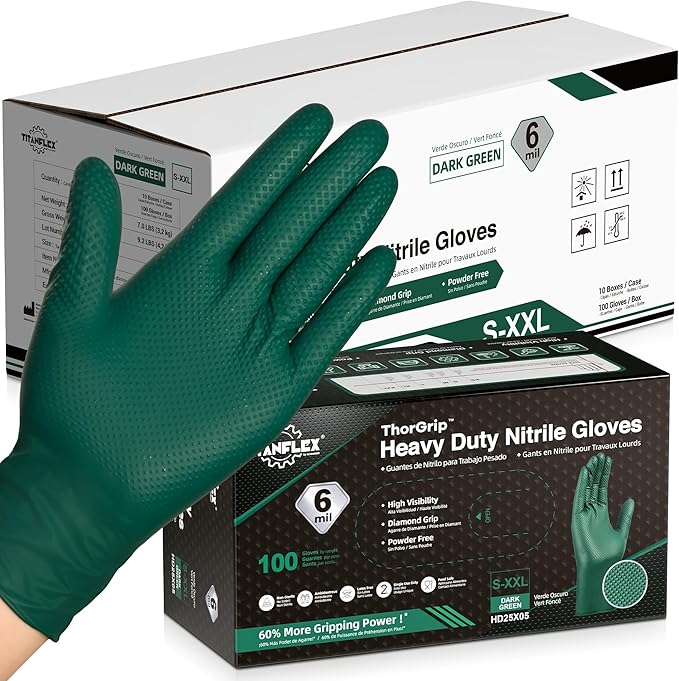 TitanFlex Heavy Duty Industrial Nitrile Gloves with Raised Diamond Texture, 6-mil, Latex Free (Dark Green/Yellow)