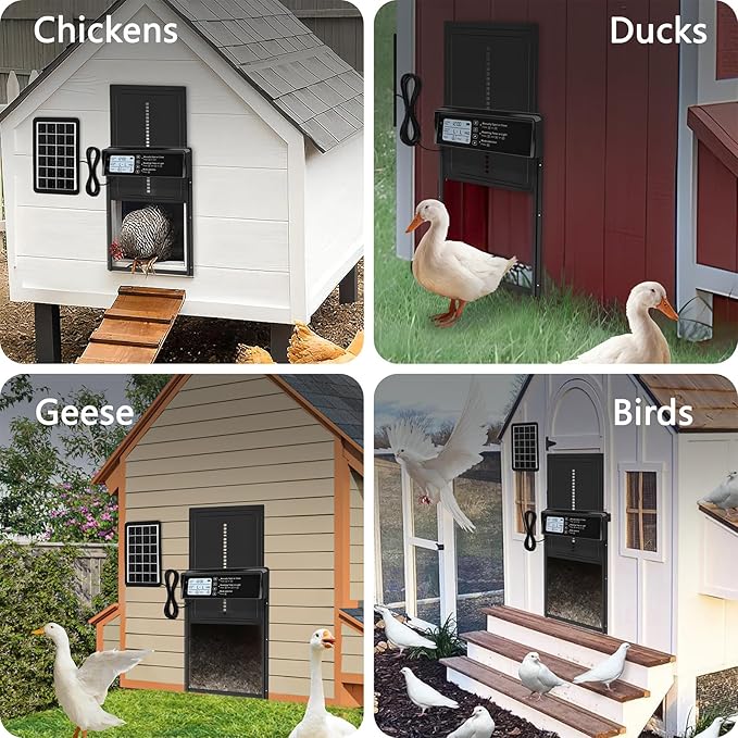 Automatic Chicken Coop Door Solar Powered, LCD Display Automatic Chicken Door with Timer & Light Sensor Mix 4Modes, Aluminum Waterproof Coop Door Charge with Solar Panel & USB,Remote Control