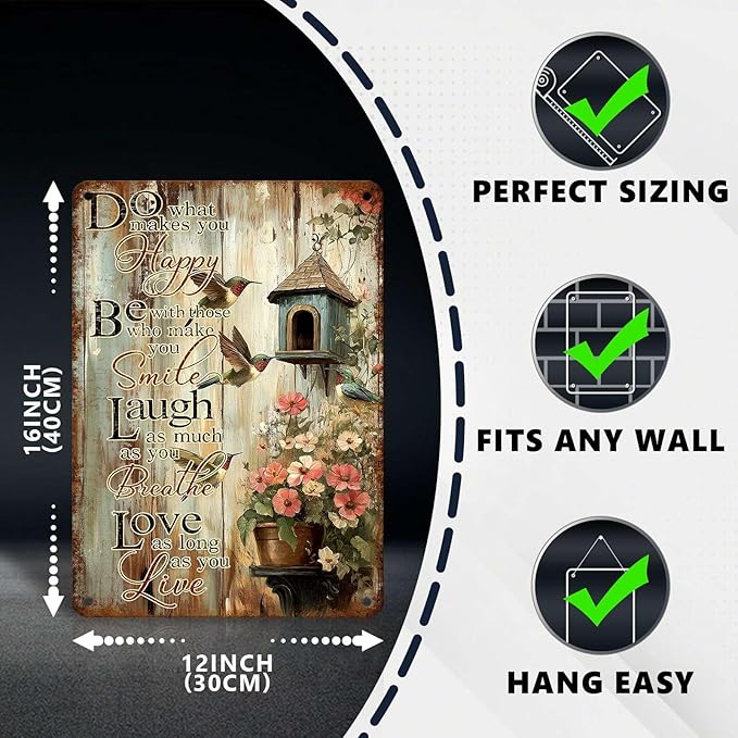 Vintage Garden Tin Sign Do What Makes You Happy Retro Hummingbird Metal Poster Rustic Nostalgic Metal Sign Wall Decor For Home Garden Plaque Yard Living Room Bedroom Cafe Bar 16 * 12 In