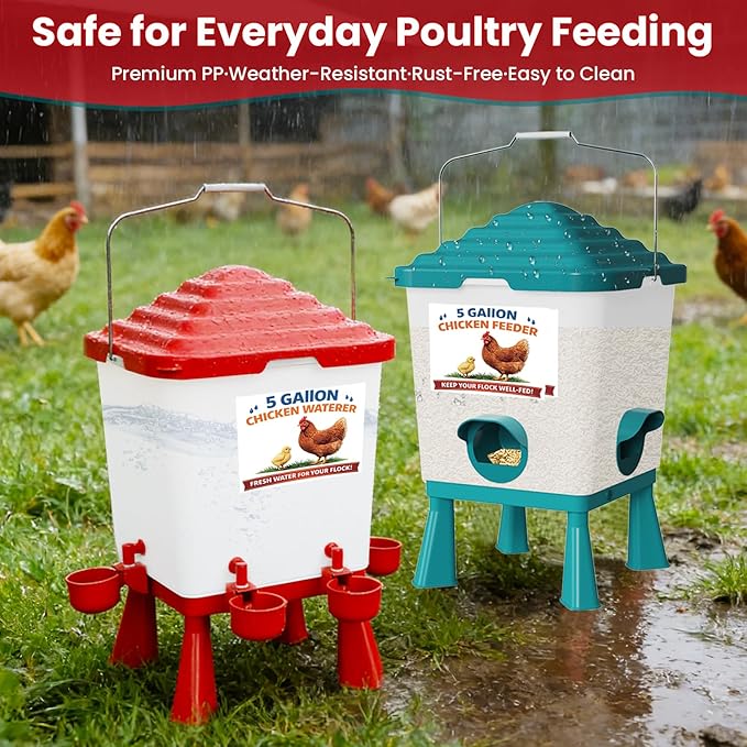 Chicken Feeder and Waterer Set, 5 Gallon Automatic Chicken Waterer with Cups, 40LB Large Chickens Feeders No Waste, Chicken Coop Accessories, Poultry Feeder & Chicken Watering System for Ducks, Quails