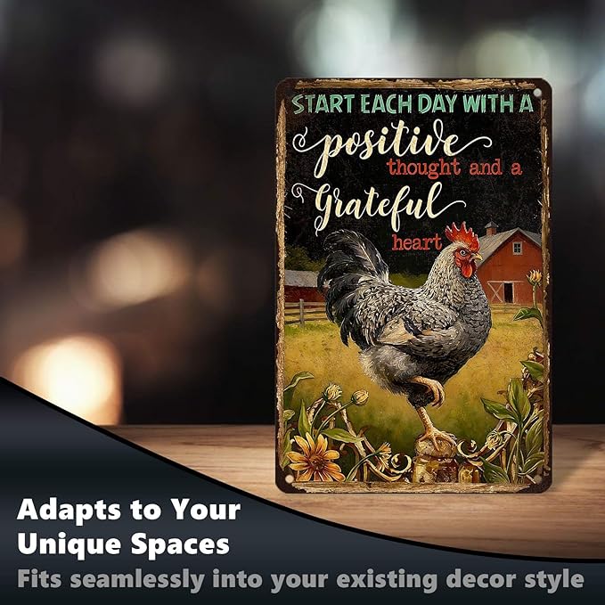 Chicken Metal Sign Chicken Coop Metal Decor Start Each Day Tin Signs Vintage Farmhouse Poster Rustic Wall Decor For Home Farm Poultry House Fence Kitchen Fence Porch Office Cafe 12 * 8 In