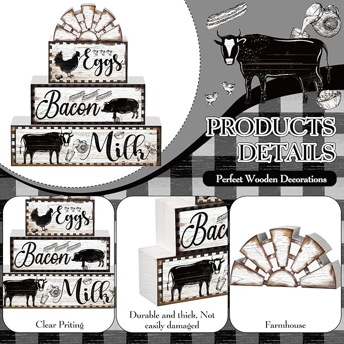 Jetec 4 Pcs Farmhouse Kitchen Decor Wooden Tiered Tray Decor Cow Rooster Pig Rustic Bathroom Signs Decorative Faux Stacked Table Centerpiece Block Sign for Home Living Kitchen Dining Room Shelf