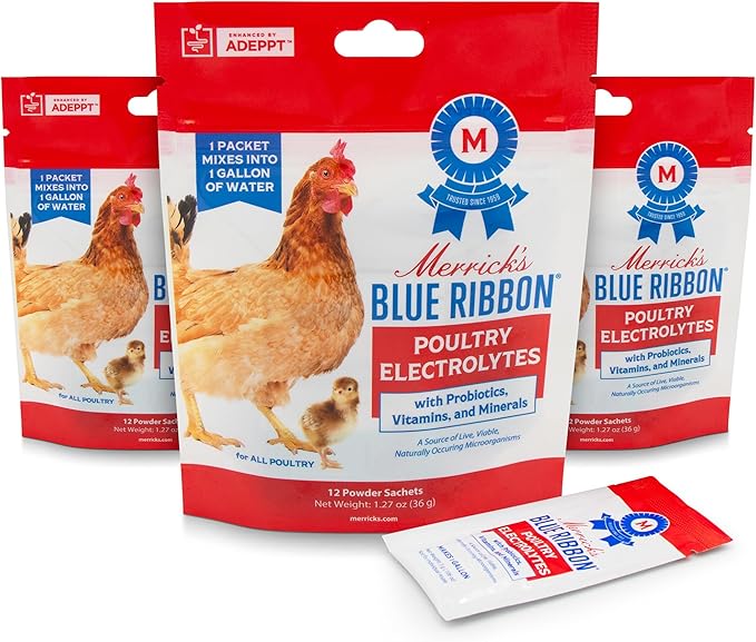 Merrick's Blue Ribbon Chicken Electrolytes with Probiotics, Electrolyte & Immune Support for Chickens, Ducks & All Poultry, Heat Stress & Molting Recovery, 3g Sachets, 12 Count (Pack of 3)