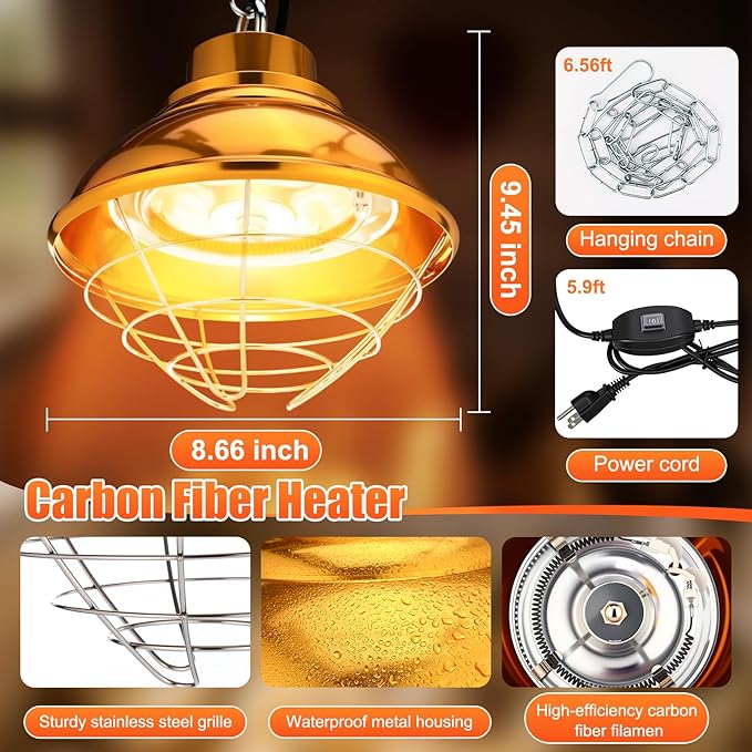 Chicken Heat Lamp Carbon Fiber Tube Brooder Heater Lamp for Chicks, Adjustable 2 Temperature Hanging Chicken Warmer Poultry Automatic Feeder and Waterer Kit for Newborn Livestock 175w/350w