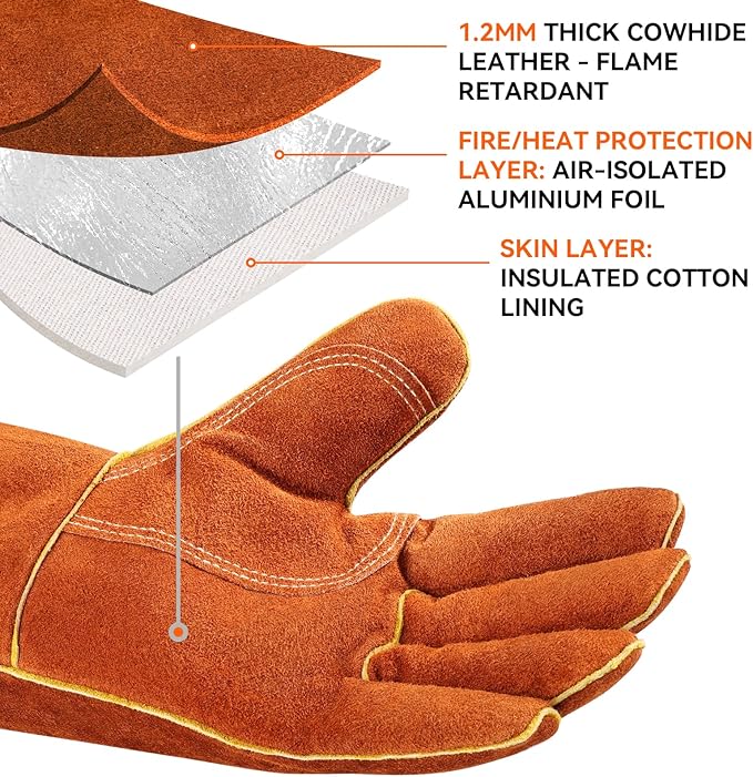 OZERO 932°F Heat Resistant Welding Gloves: 14 inches Cowhide Leather Long Sleeve and Insulated Lining Grill Glove - for Tig Mig Welder Forge Stove Oven Baking Fireplace Barbecue Grilling, Brown