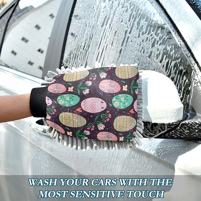 Pastel Colorful Easter Eggs Floral Wash Mitt Car Washing Absorbent Microfiber Chenille Pad Car Wash Sponge Mitts Soft Non Scratch, Medium x 2 Pack