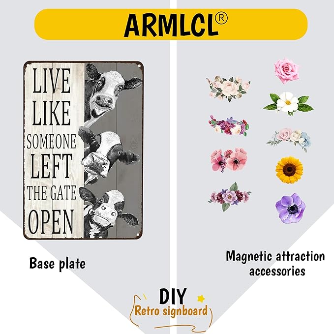 Funny DIY Magnetic Attraction,Vintage Cow Decor Sign Live Like Someone Left The Gate Open Tin Sign for Home Bedroom Bathroom Wall Farm Fence Decor 8x12 Inch (Dark Grey Beige)