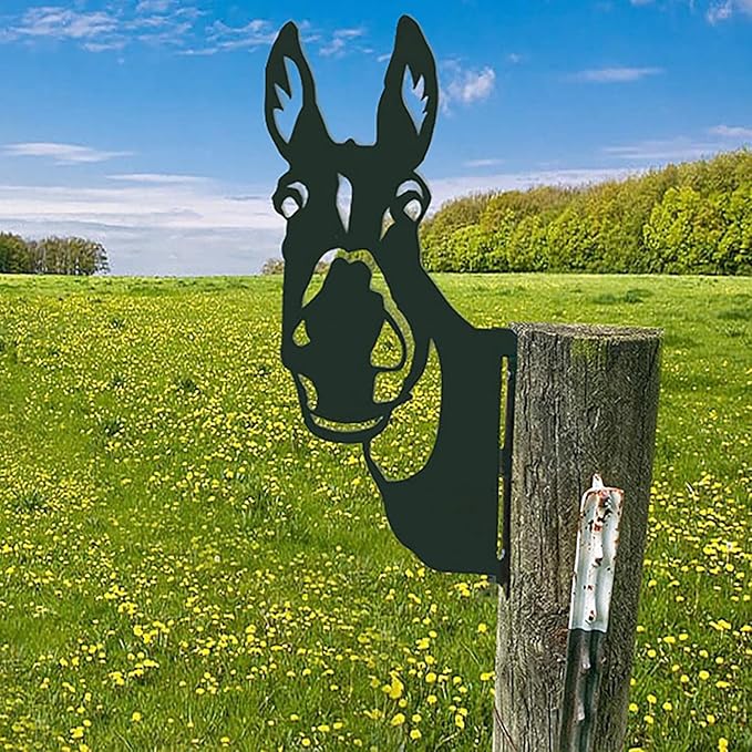 Farm Peeping Animal Metal Art Outdoor Decor Garden Fence Decoration, Farmhouse Backyard Hang Artwork Wall Decor, Outdoor Yard Art Patio Lawn Statue Gift for Loved Dad Grandpa (Donkey)