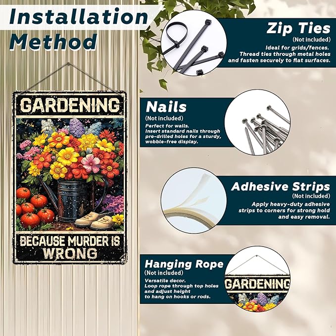 Vintage Garden Metal Sign Gardening Because Murder Is Wrong Metal Poster Home Garden Coffee Office Bar Pub Retro Aluminium Sign Art Wall Decor Plaque 12x8 Inch