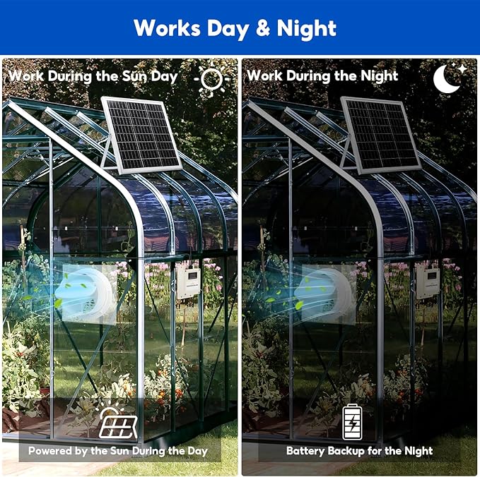SUNYIMA Solar Powered Fan with Battery,20W Solar Panel Weatherproof+ 8'' Solar Exhaust Fan with 9.84Ft On/Off Cable for Greenhouse Circulation, Chicken Coop, Shed, Pet Houses, Ventilation