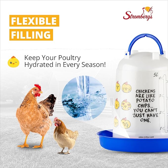 Stromberg's Poultry Drinker 5L, Blue Chicken Emoji Poultry Waterer, Heavy Duty UV-Resistant Plastic, Easy to Fill and Clean, Suitable for All Coops