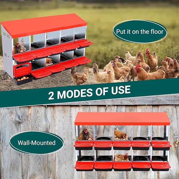 10 Holes Chicken Nesting Box, Galvanized Steel Roll Away Nest Boxes with Lid Cover to Protect Eggs, Nesting Boxes for Chickens Laying Egg, Red