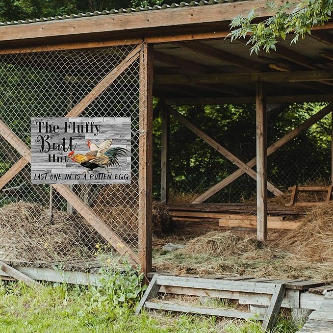Funny Chicken Sign, Metal Chicken Coop Tin Signs, the Fluffy Butt Hut, Yard Sign Garage Farm Garden Wall Decor Sign Plaque Outdoor for Home Fence 8 X 12 Inches