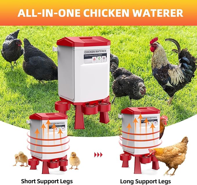 Heated Chicken Waterer, 2 Gallon Thermostatic Poultry Drinker with 4 Cups, Outdoor Winter Water Heater with Leg Base for Chickens, Ducks, Geese, Turkeys, Anti-Freeze Automatic Watering System
