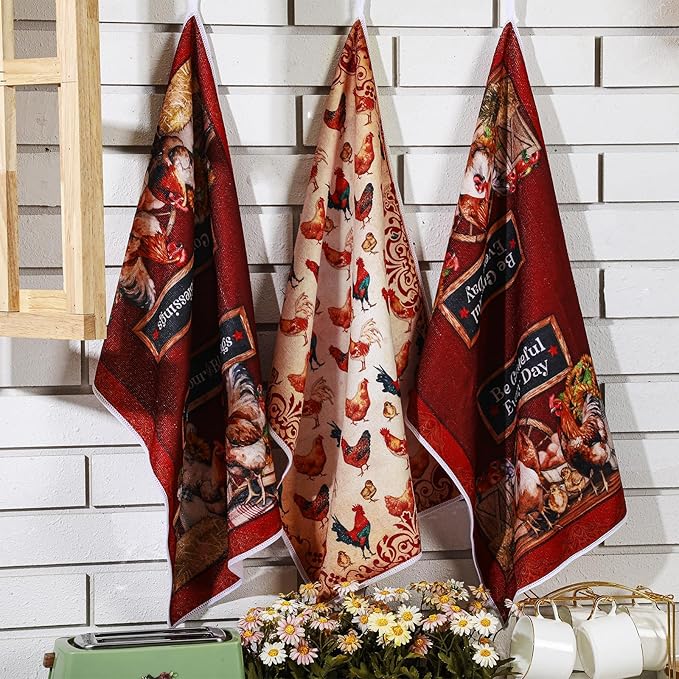 Bencailor 6 Pcs Farmhouse Kitchen Towels Chicken Rooster Kitchen Decor Farm Animal Hand Towels for Cooking Baking Housewarming Gift,15.75 x 23.62 inch(Deep Red,Rooster Hen)